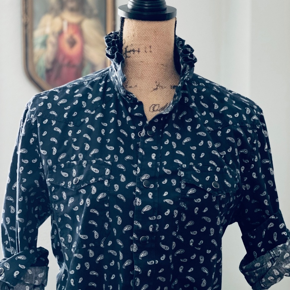 Pearl Snap Long Sleeve Button Down  Ruffle Collar Upcycled Shirt